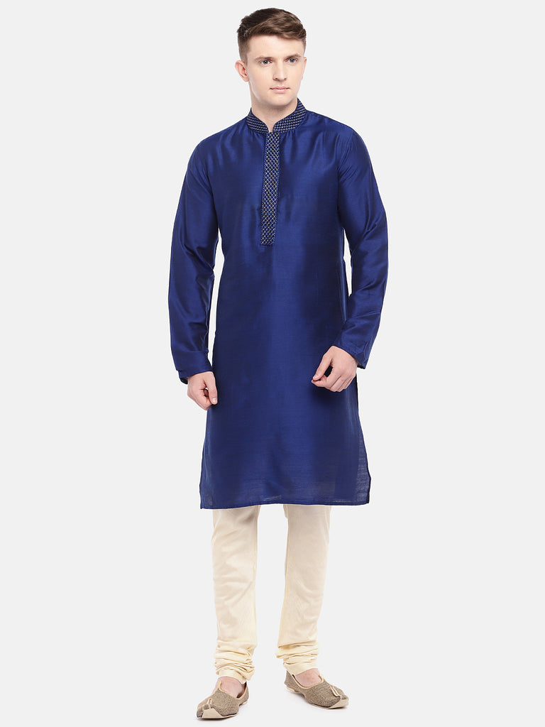 Men Straight Full Sleeve Navy Kurta