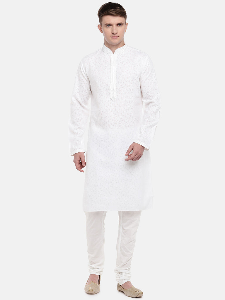 Men Straight Full Sleeve White Kurta