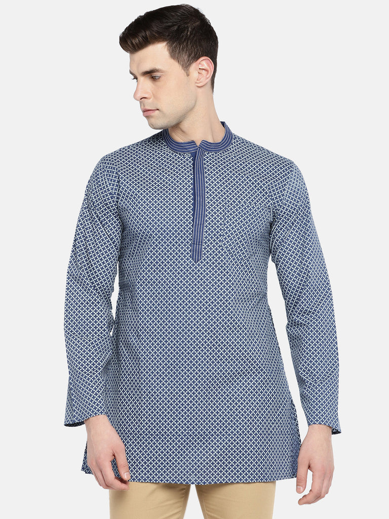 Men Straight Full Sleeve Navy Kurta