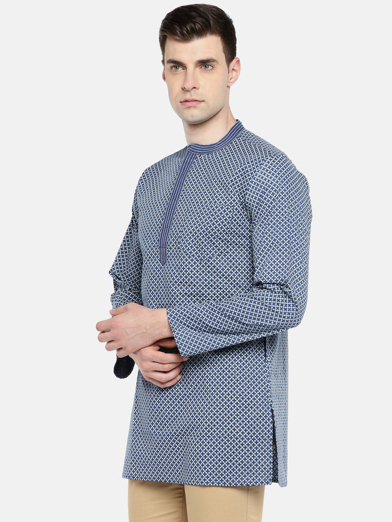 Men Straight Full Sleeve Navy Kurta