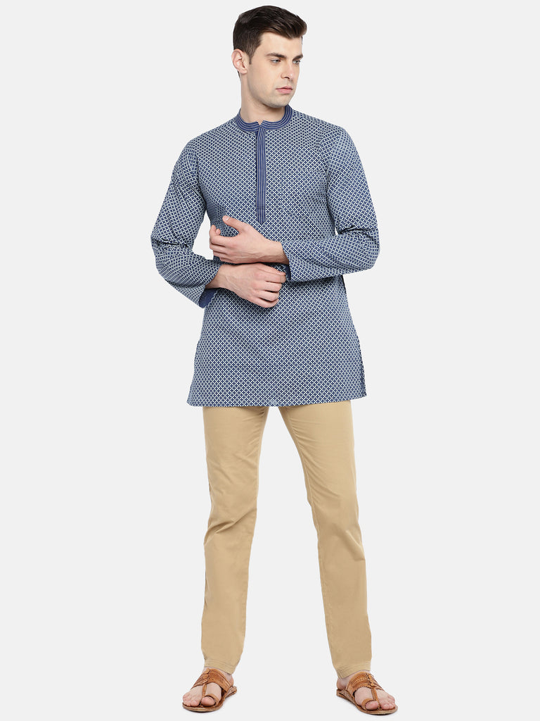 Men Straight Full Sleeve Navy Kurta