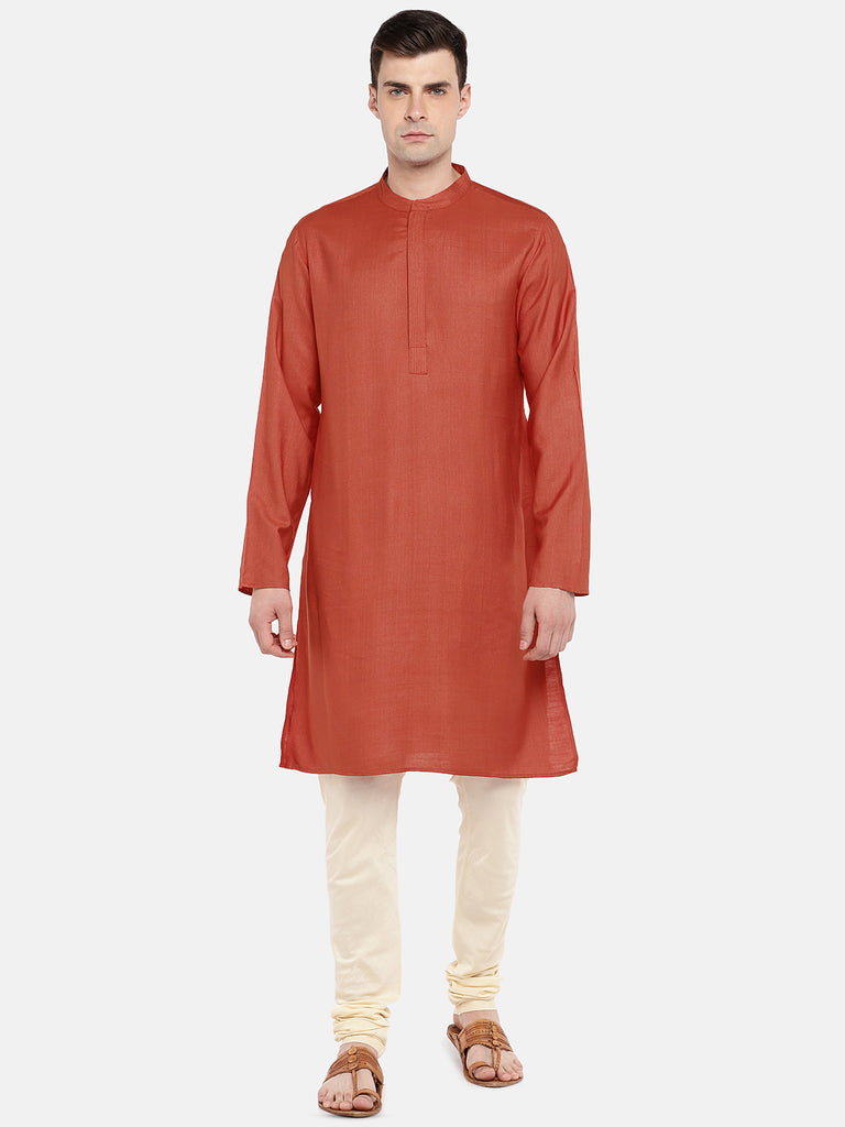 Men Straight Full Sleeve Orange Kurta
