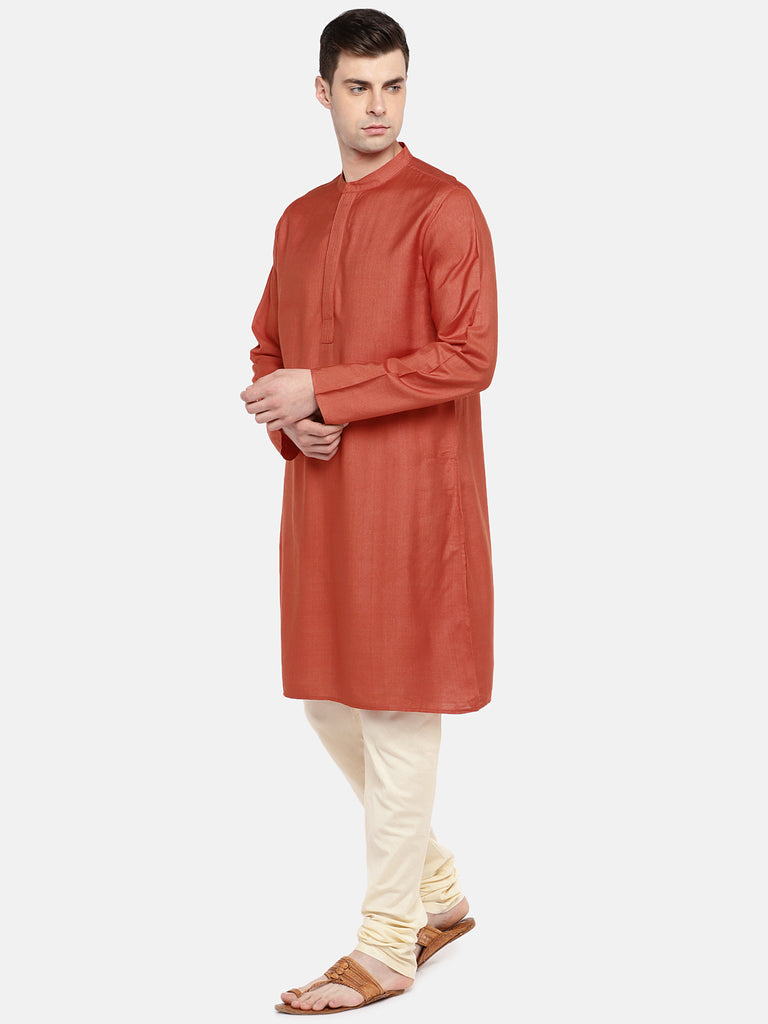 Men Straight Full Sleeve Orange Kurta
