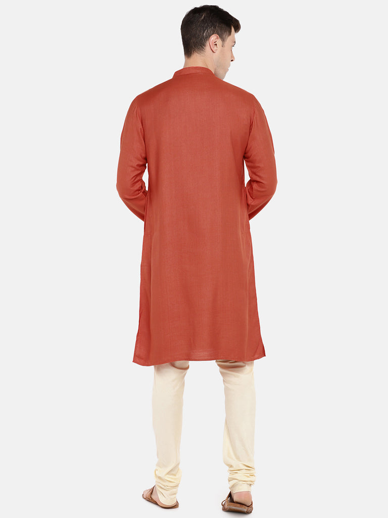 Men Straight Full Sleeve Orange Kurta