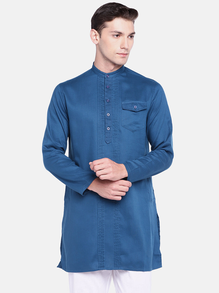 Men Straight Full Sleeve Blue Kurta