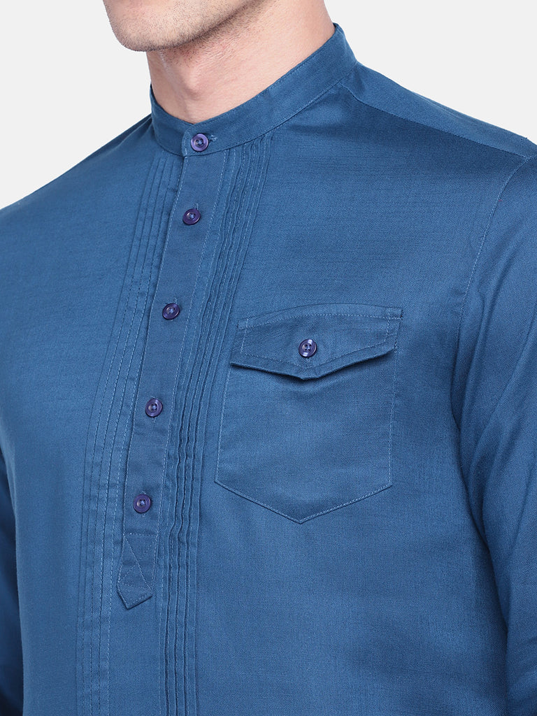 Men Straight Full Sleeve Blue Kurta