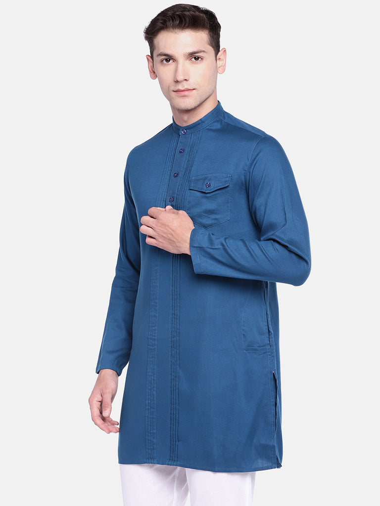 Men Straight Full Sleeve Blue Kurta
