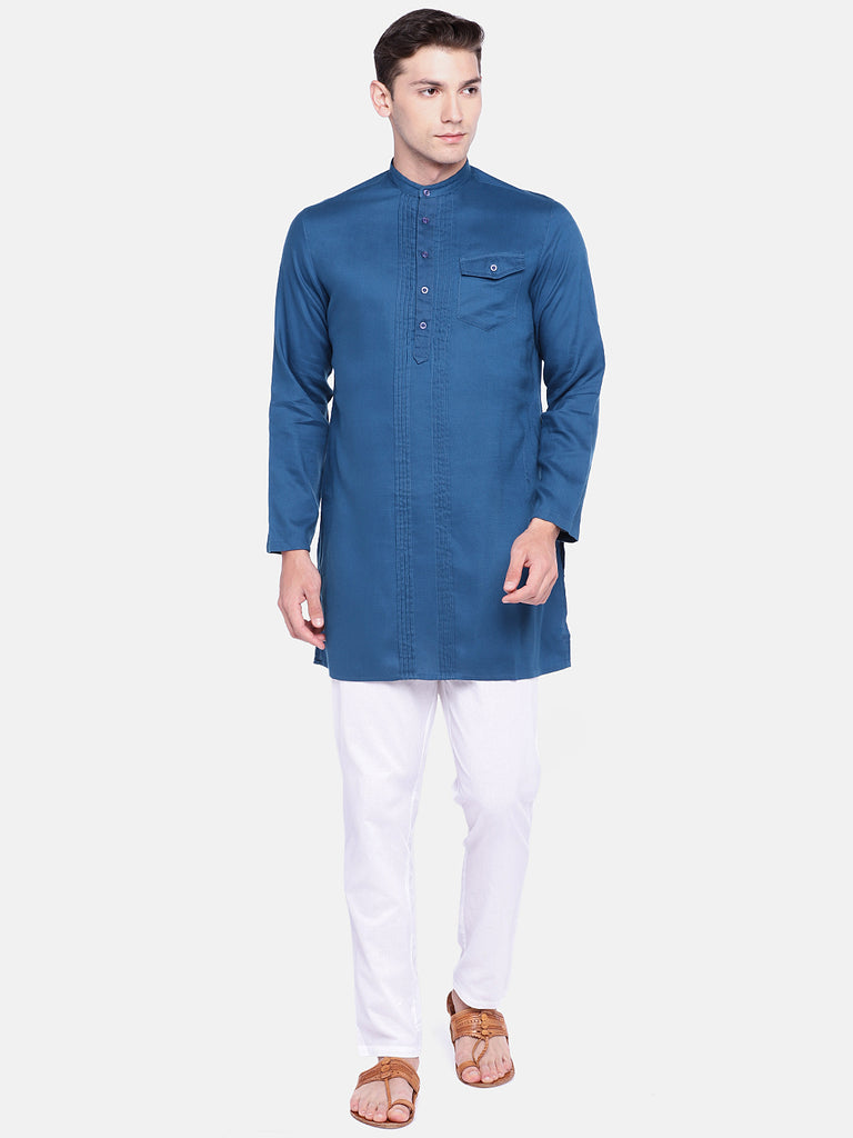 Men Straight Full Sleeve Blue Kurta