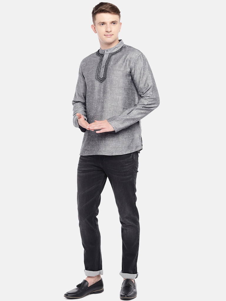 Men Straight Full Sleeve Grey Kurta