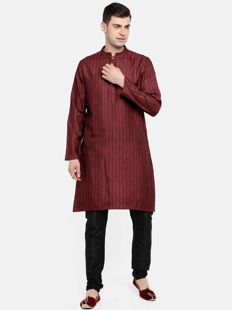 Men Straight Full Sleeve Maroon Kurta
