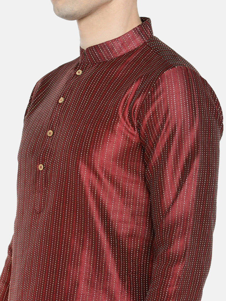 Men Straight Full Sleeve Maroon Kurta