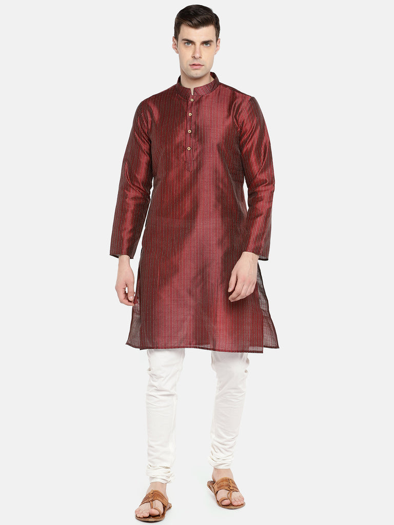 Men Straight Full Sleeve Maroon Kurta