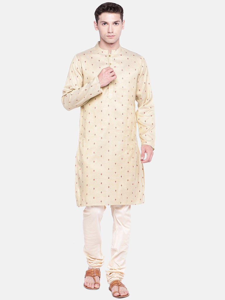 Men Straight Full Sleeve Cream Kurta