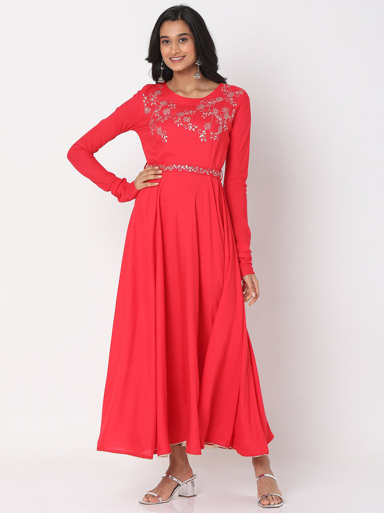 Women's Coral Rayon Staple Embroidered Dress