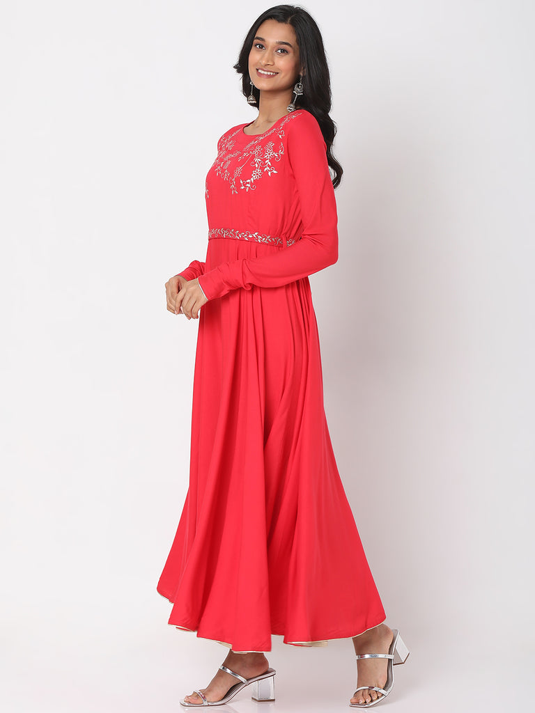 Women's Coral Rayon Staple Embroidered Dress