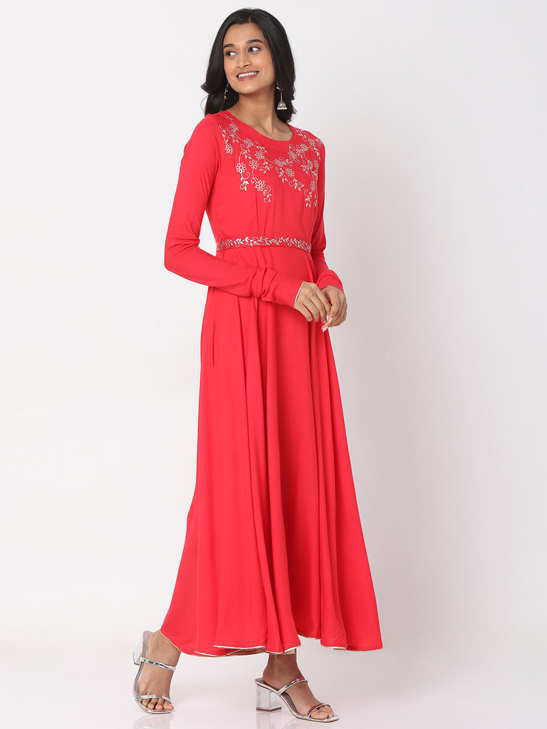 Women's Coral Rayon Staple Embroidered Dress