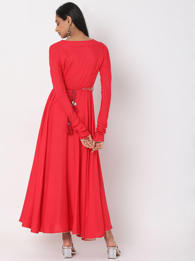 Women's Coral Rayon Staple Embroidered Dress
