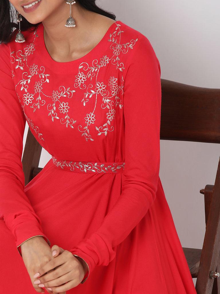 Women's Coral Rayon Staple Embroidered Dress