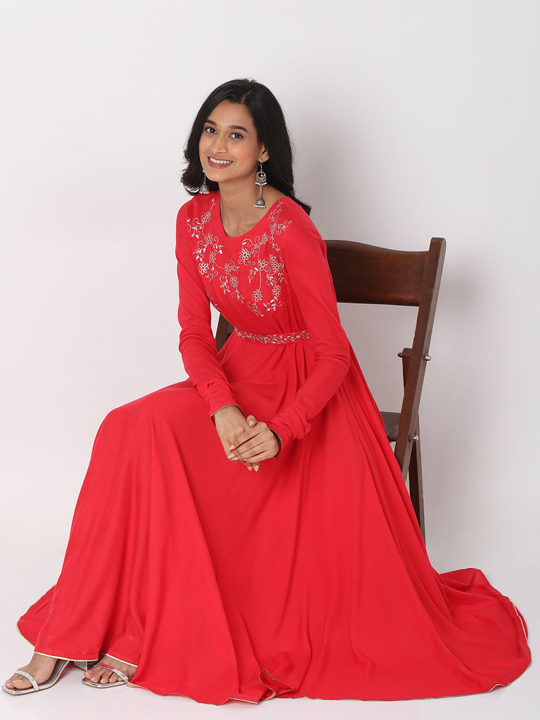 Women's Coral Rayon Staple Embroidered Dress