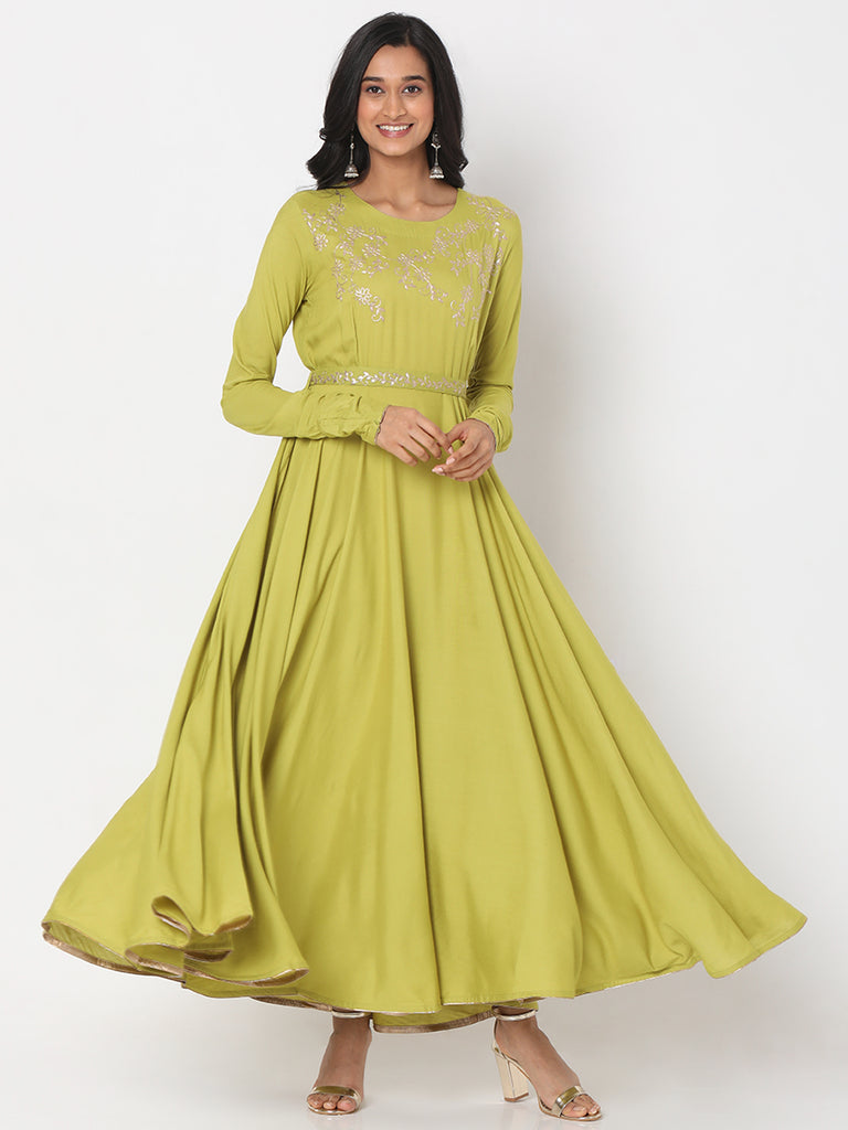 Women's Pista Green Rayon Staple Embroidered Dress