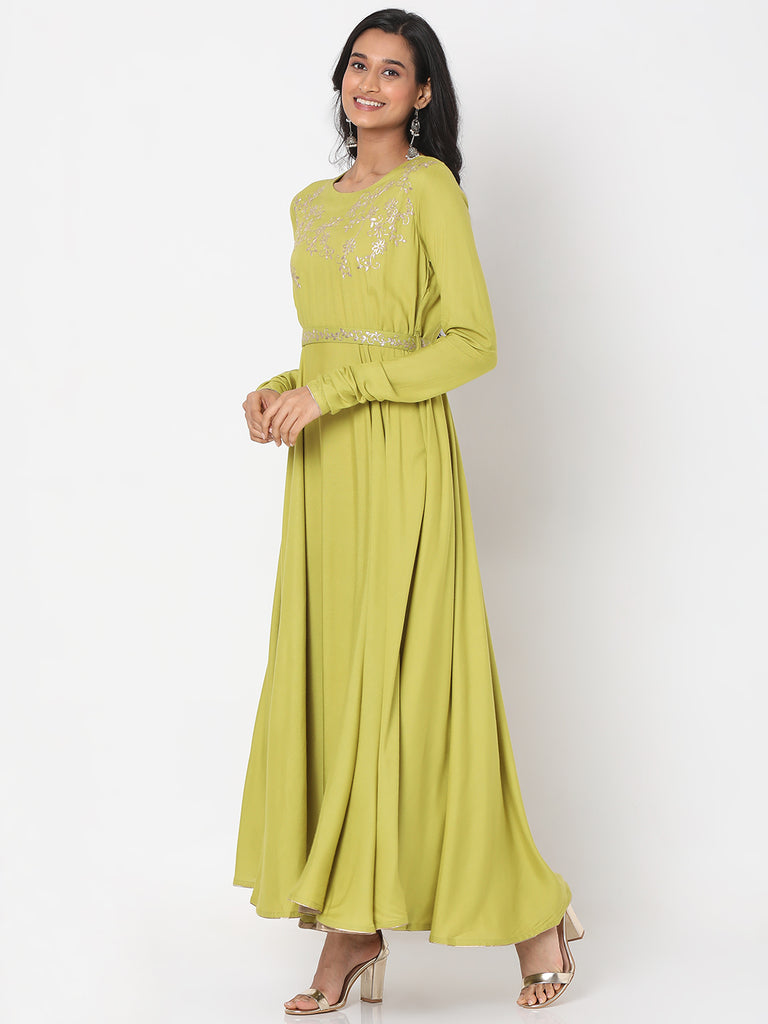 Women's Pista Green Rayon Staple Embroidered Dress