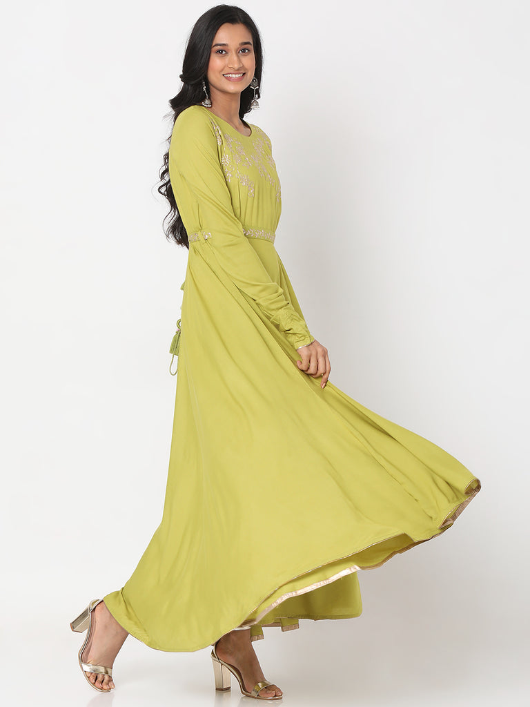 Women's Pista Green Rayon Staple Embroidered Dress