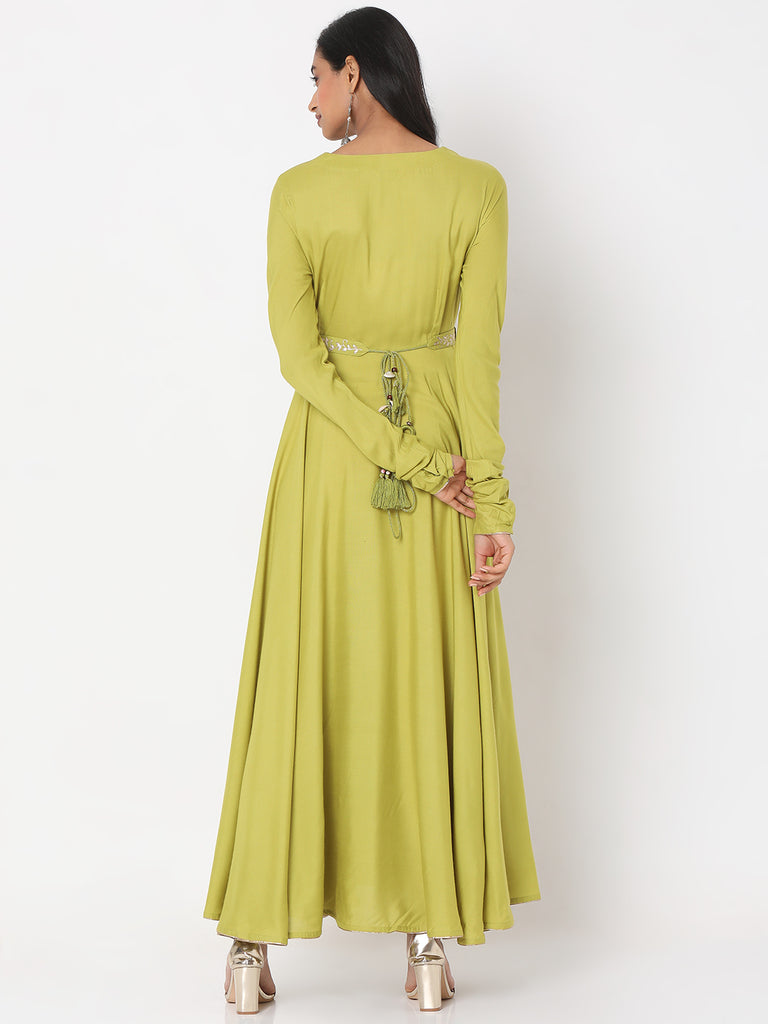 Women's Pista Green Rayon Staple Embroidered Dress