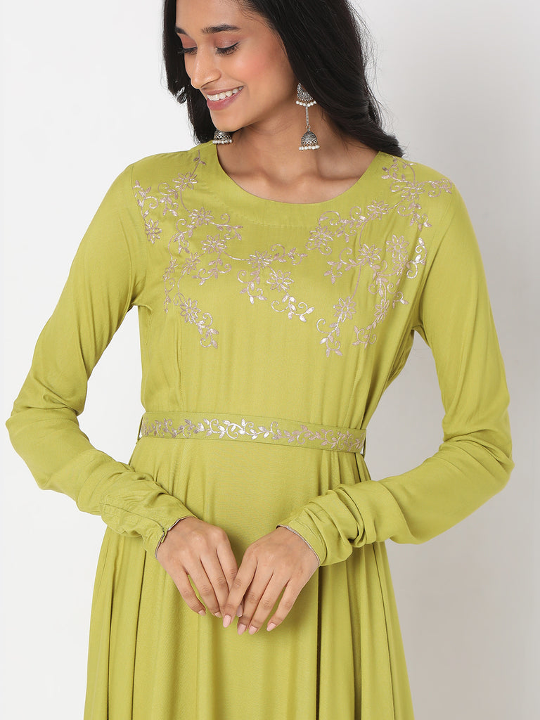 Women's Pista Green Rayon Staple Embroidered Dress