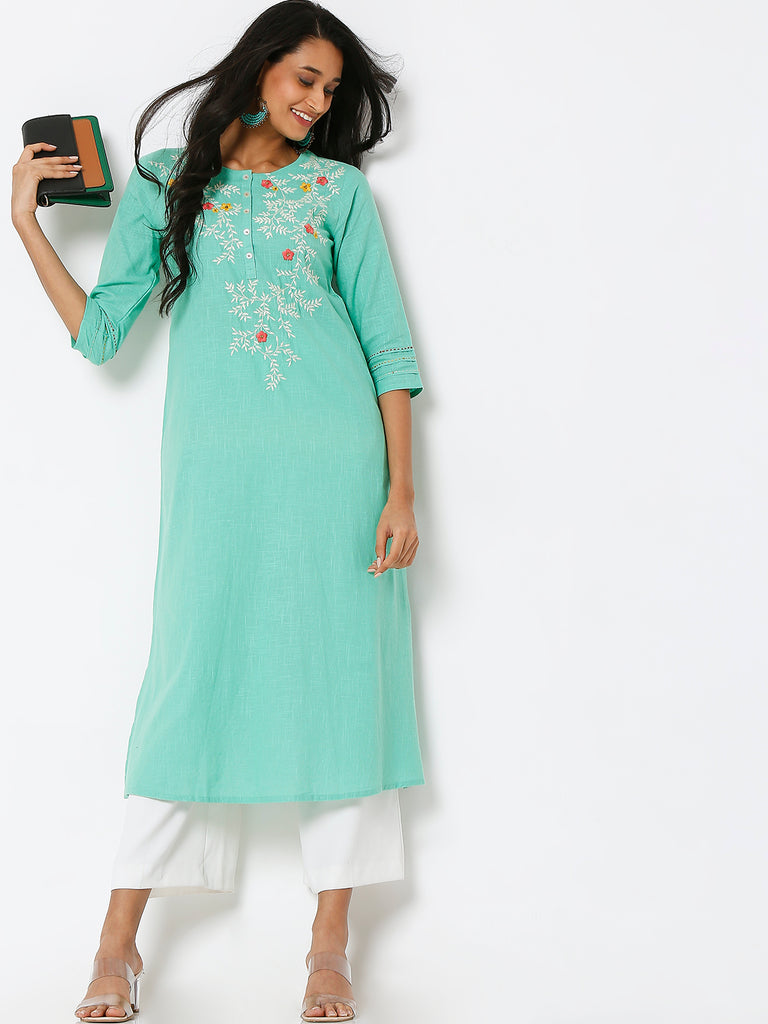 Women's Jade Cream Cotton Slub Embroidered Kurta