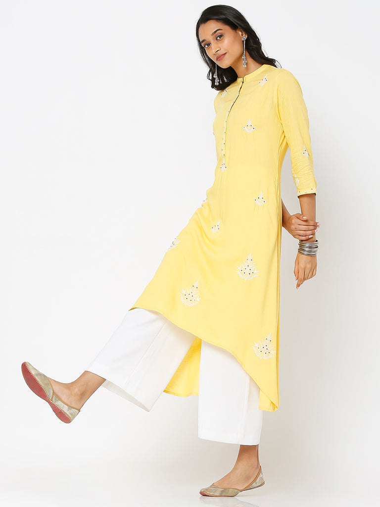 Women's Yellow Rayon Embroidered Kurta