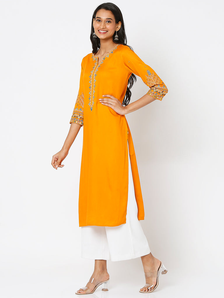 Women's Orange Ochre Rayon Twill Embroidered Kurta