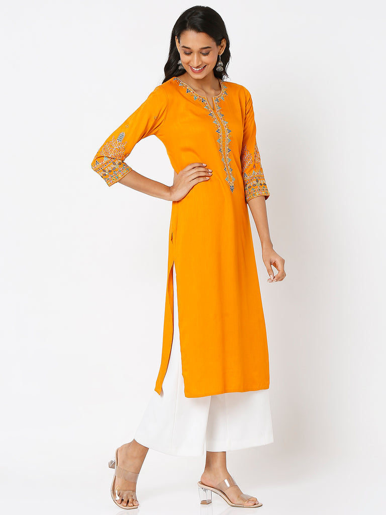 Women's Orange Ochre Rayon Twill Embroidered Kurta