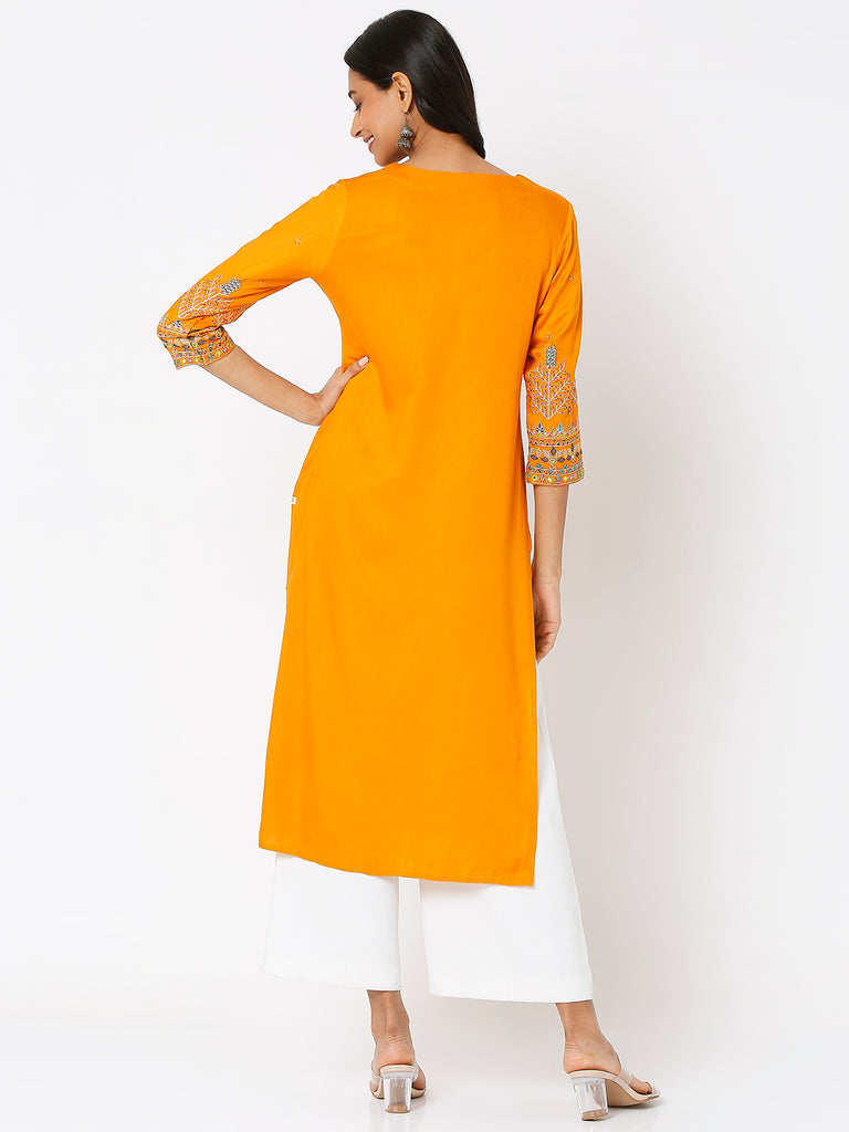 Women's Orange Ochre Rayon Twill Embroidered Kurta