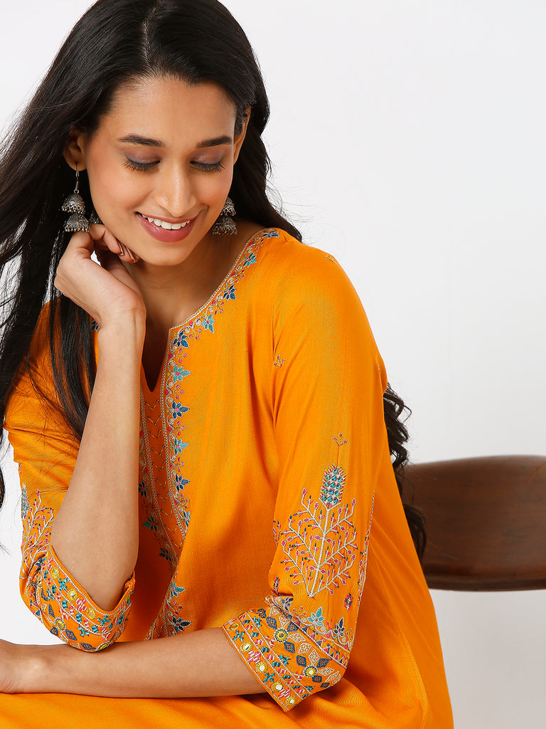 Women's Orange Ochre Rayon Twill Embroidered Kurta