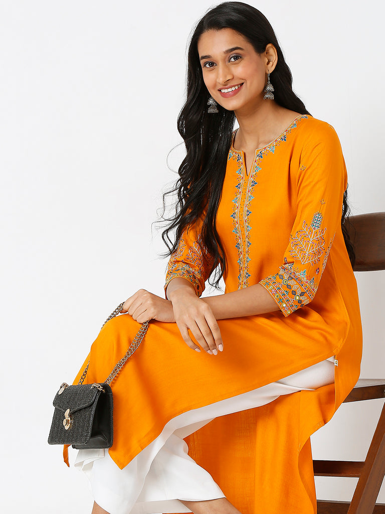 Women's Orange Ochre Rayon Twill Embroidered Kurta