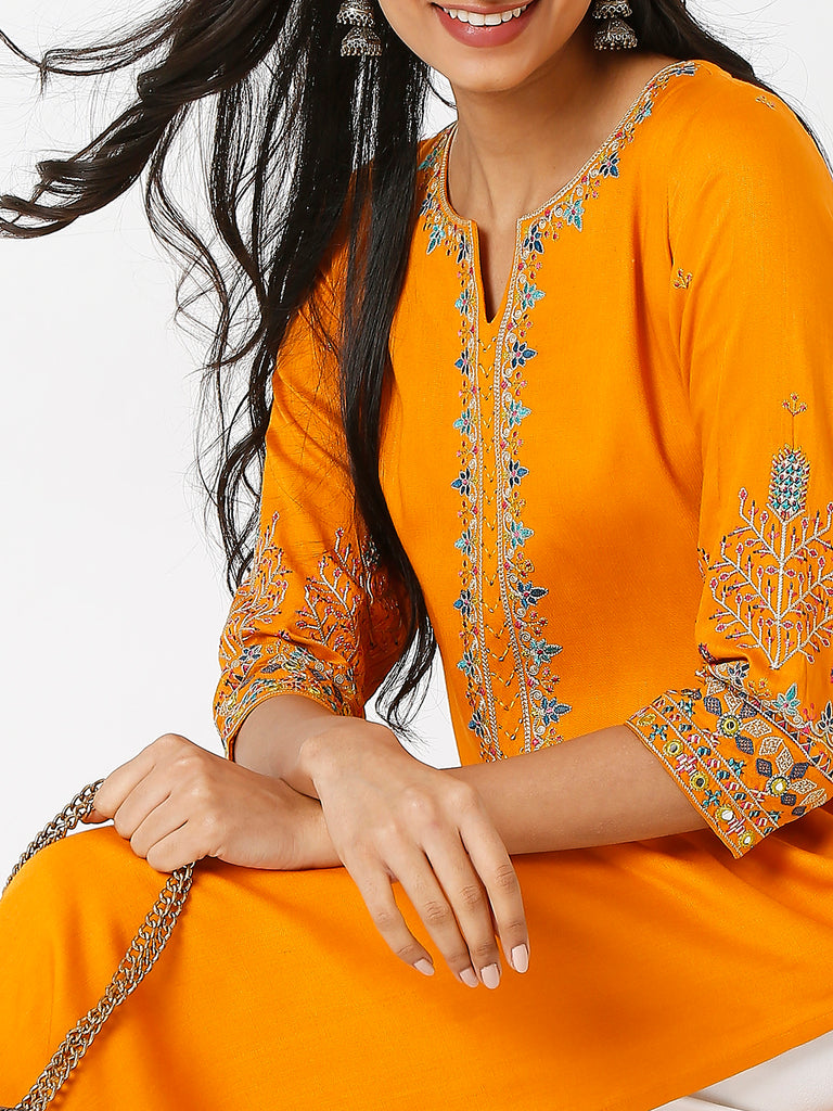 Women's Orange Ochre Rayon Twill Embroidered Kurta