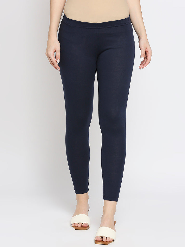 Women's Navy Cotton Solid Leggings