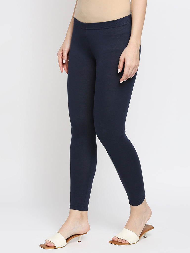 Women's Navy Cotton Solid Leggings