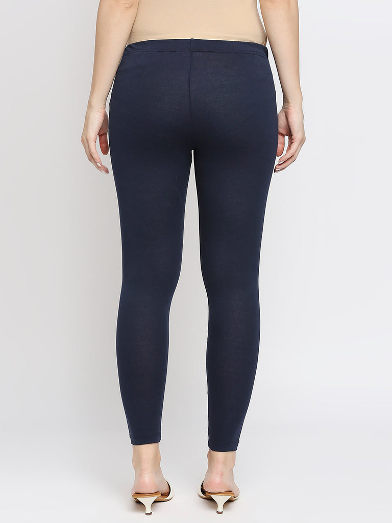 Women's Navy Cotton Solid Leggings