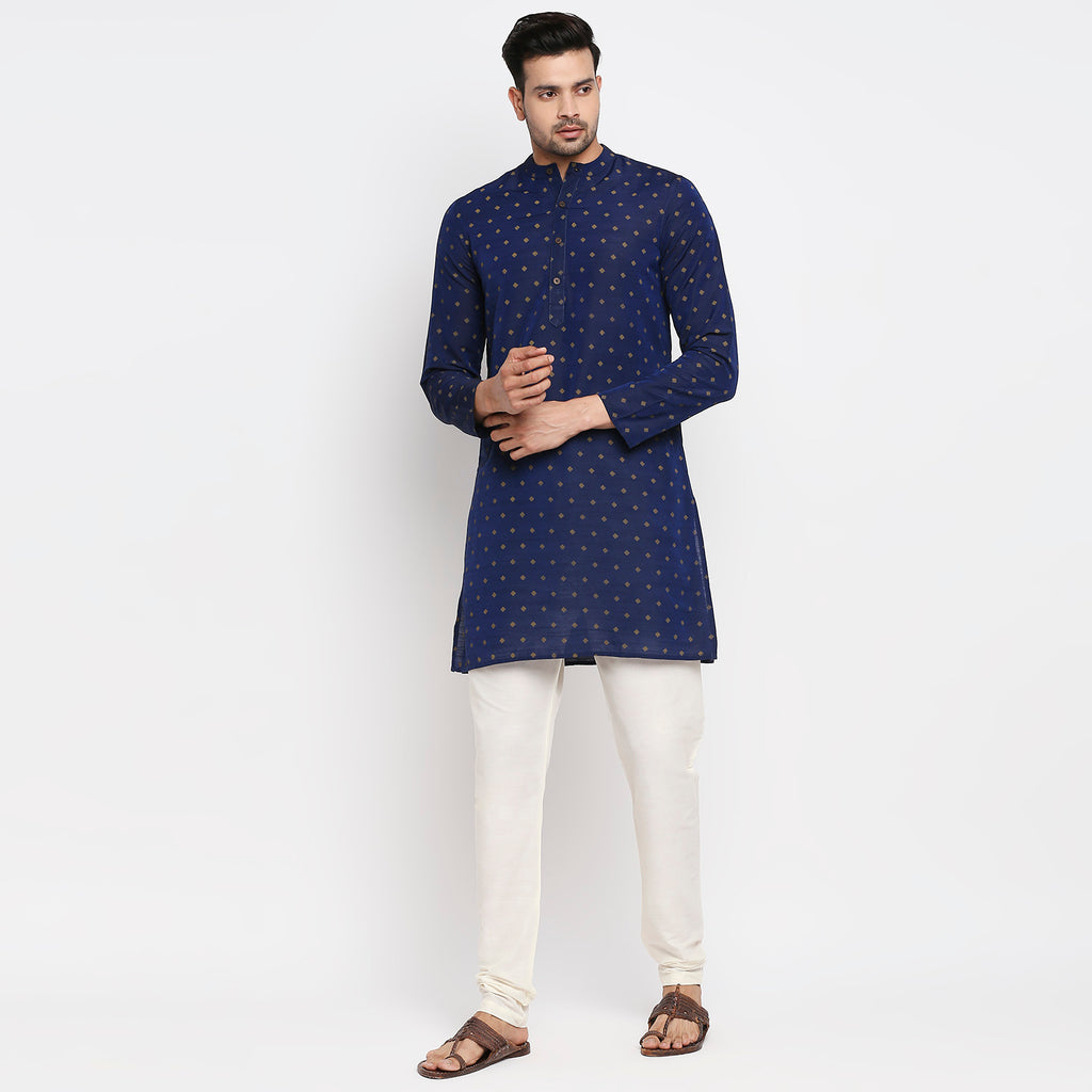 Men Straight Full Sleeve Navy Kurta