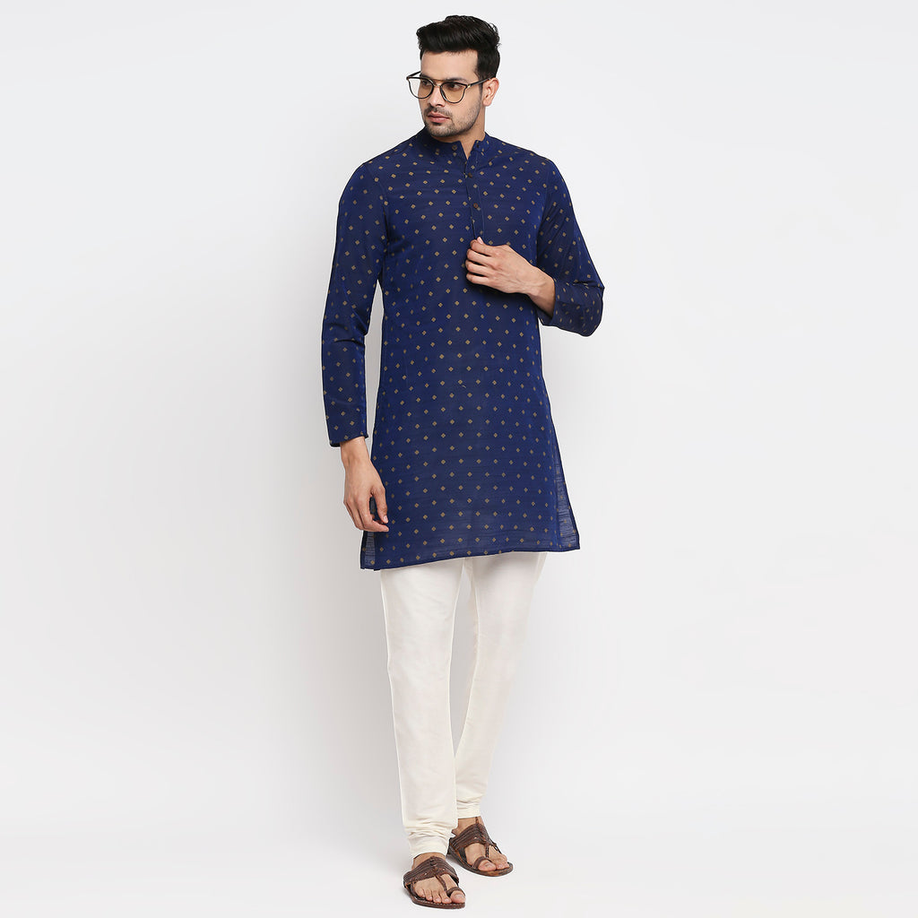 Men Straight Full Sleeve Navy Kurta