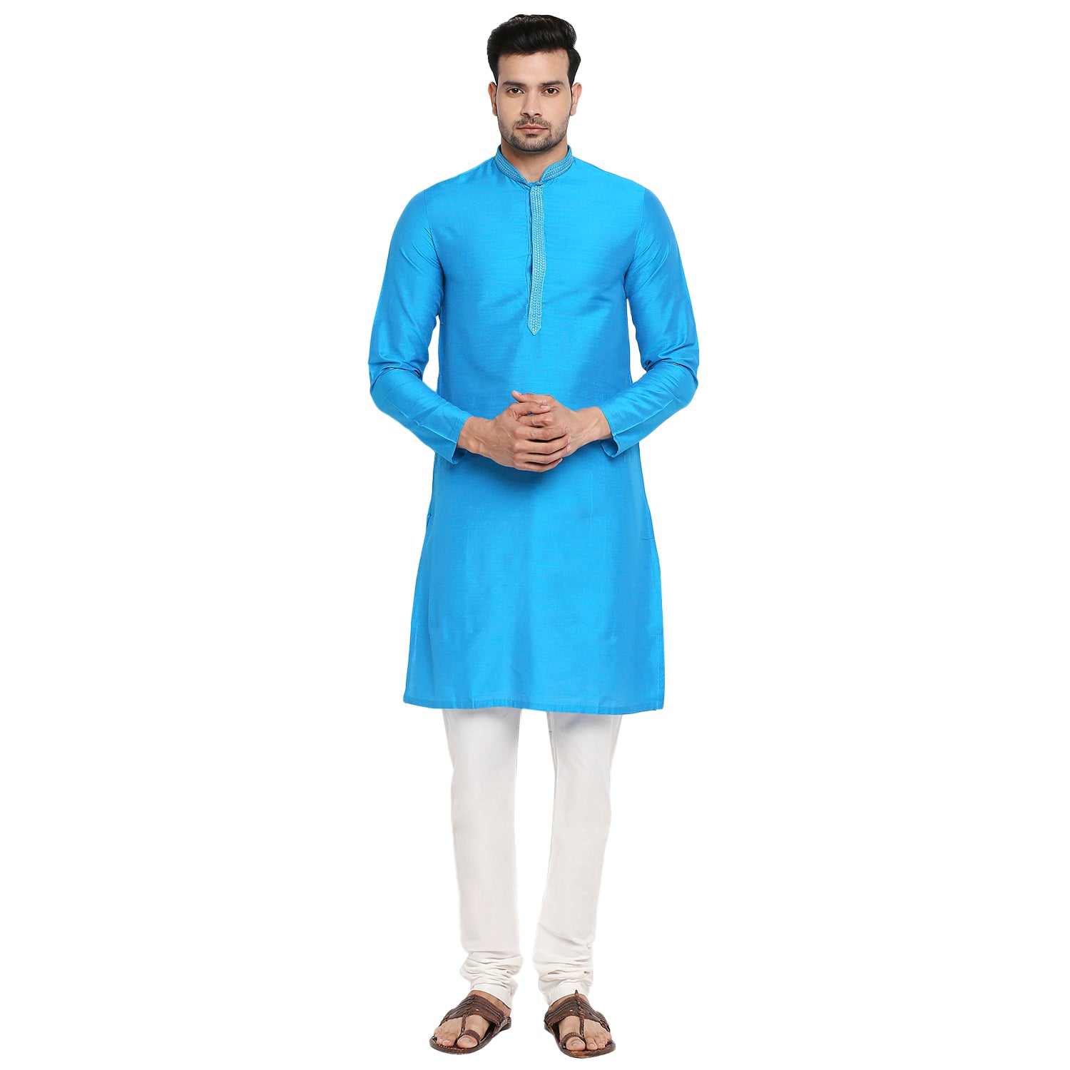 Men Straight Full Sleeve Teal Kurta