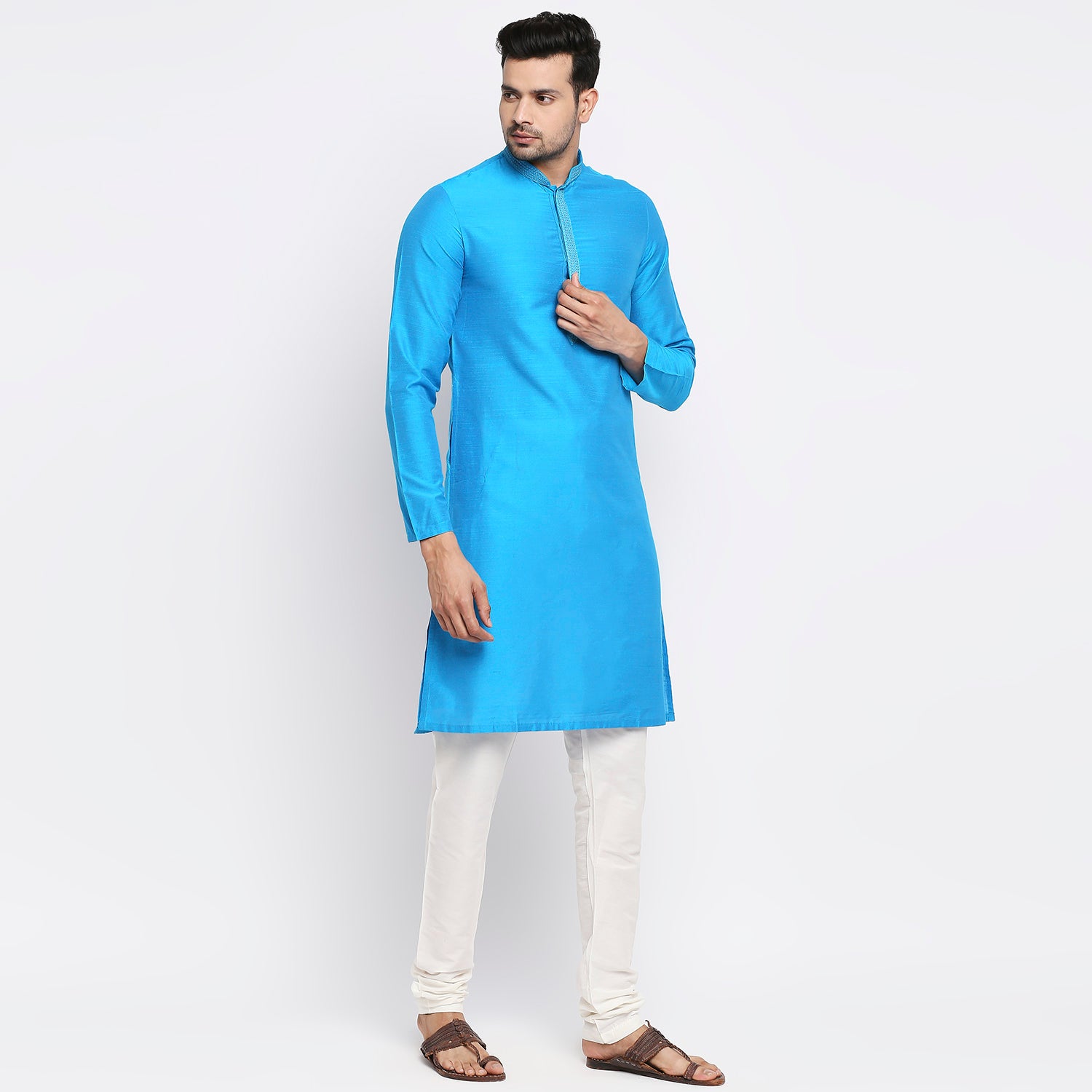 Men Straight Full Sleeve Teal Kurta