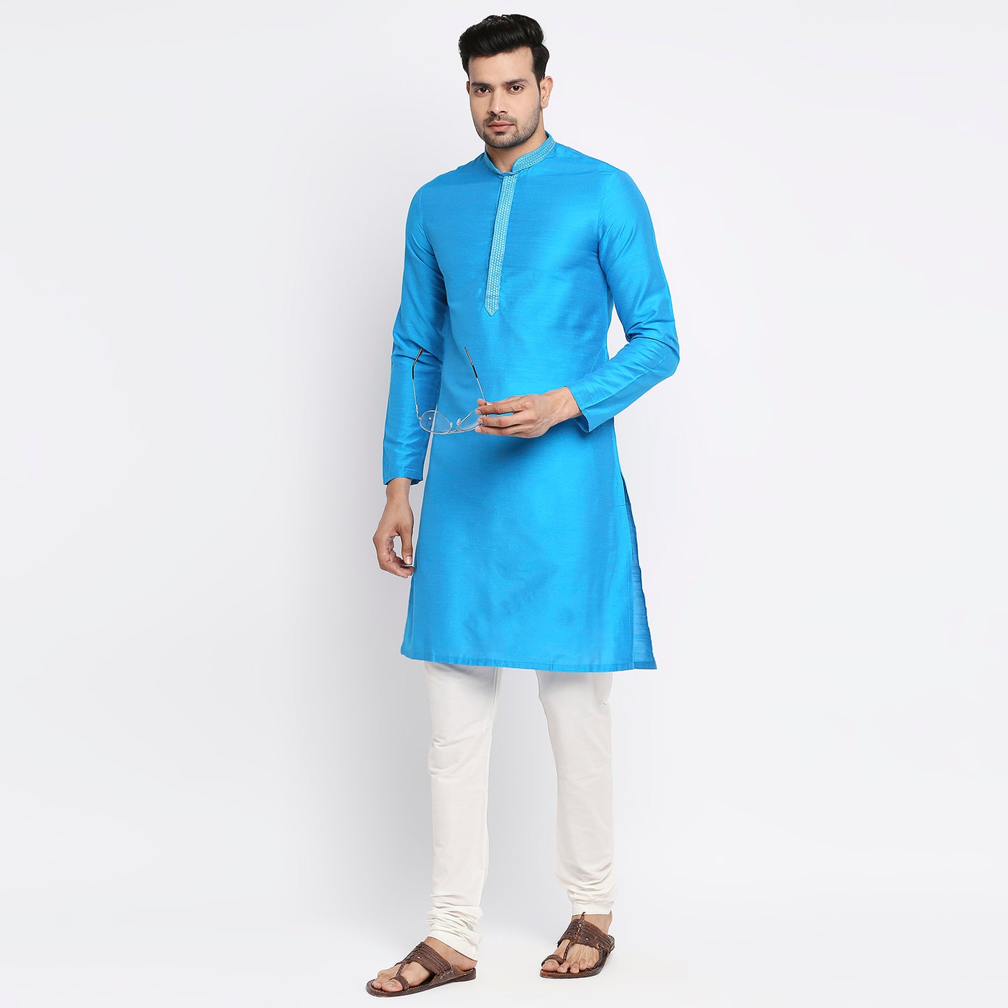 Men Straight Full Sleeve Teal Kurta