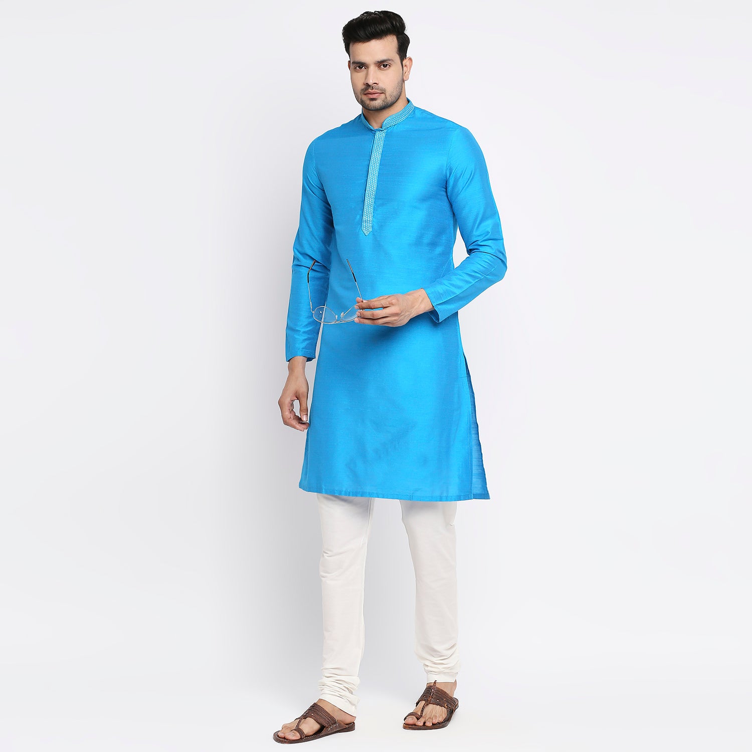 Men Straight Full Sleeve Teal Kurta