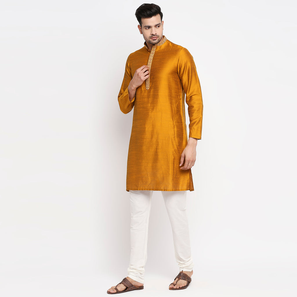 Men Straight Full Sleeve Mustard Kurta