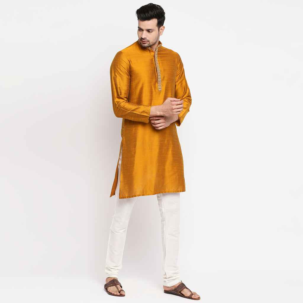 Men Straight Full Sleeve Mustard Kurta