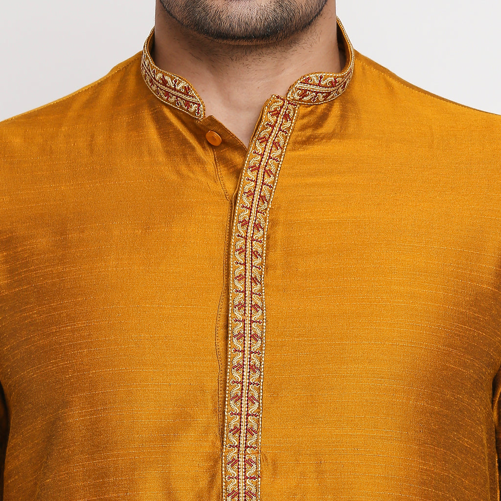 Men Straight Full Sleeve Mustard Kurta