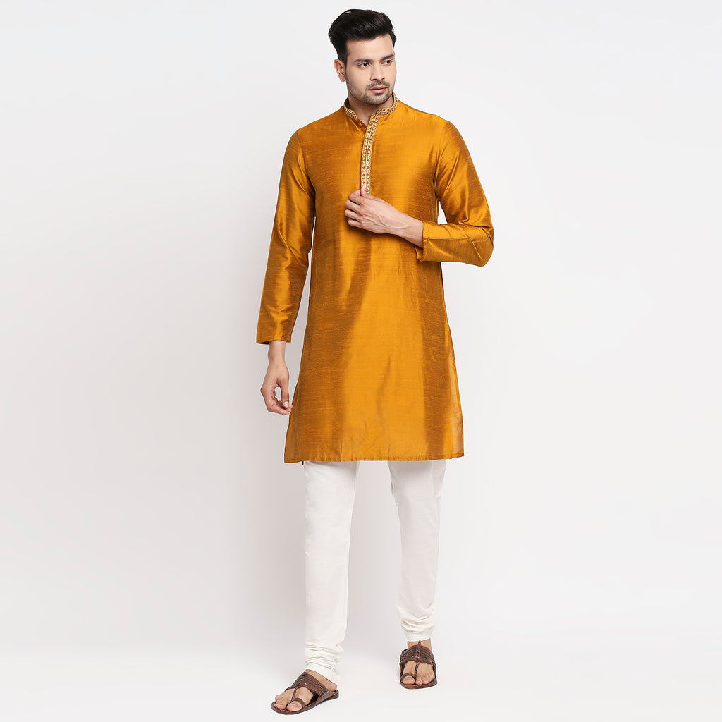 Men Straight Full Sleeve Mustard Kurta