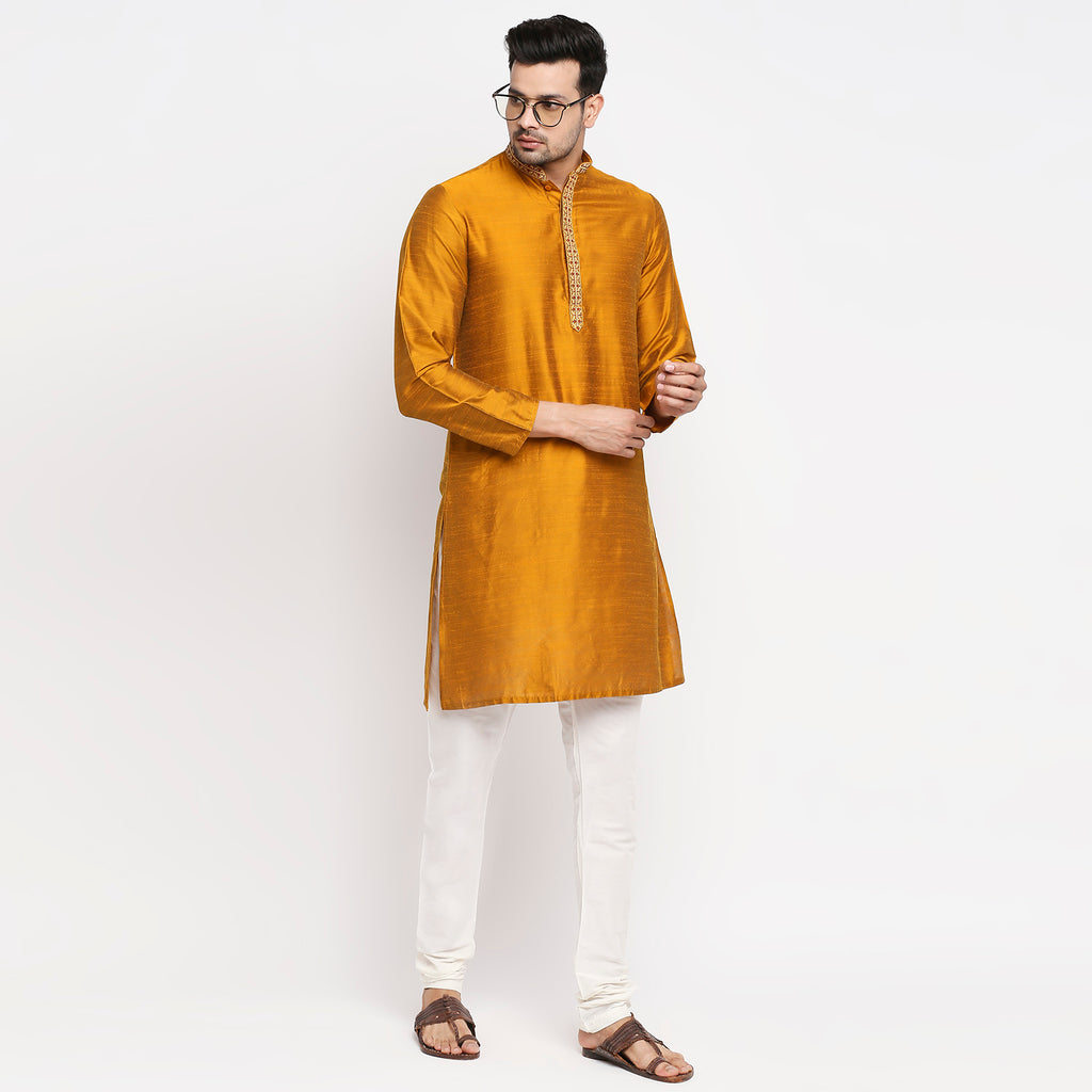 Men Straight Full Sleeve Mustard Kurta